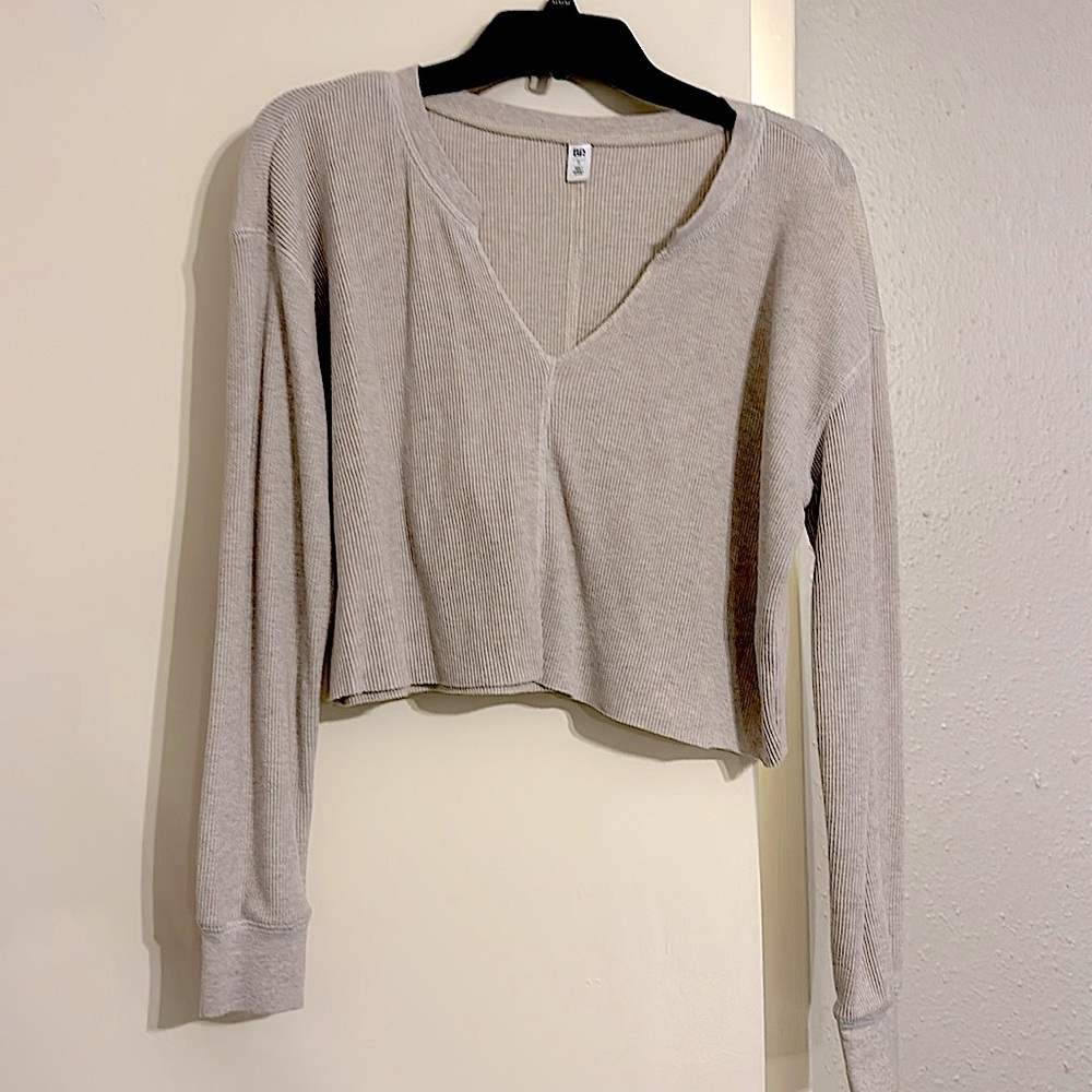 BP Womens Split Neck Cropped Knit Henley Shirt